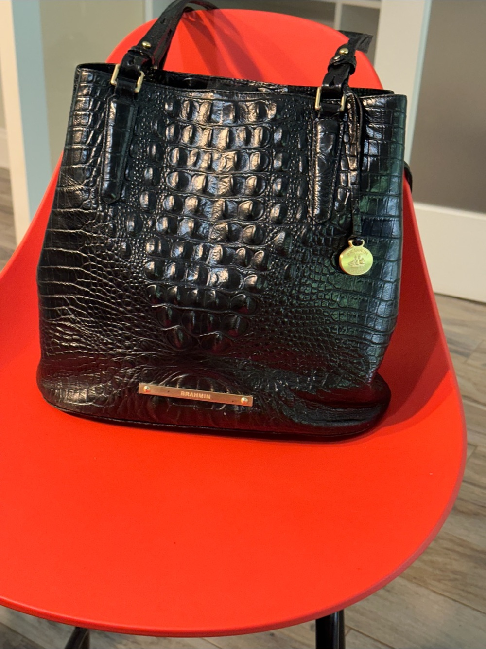 Brahmin Black Croc-Embossed Shoulder Bag with Gold Hardware